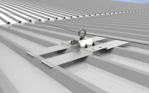 Vista 3D Linea Staffa Clavus applicazione su capannone industriale Roma